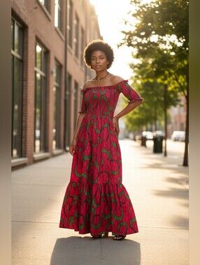 Off-Shoulder Pink & Green Maxi Dress with Headwrap